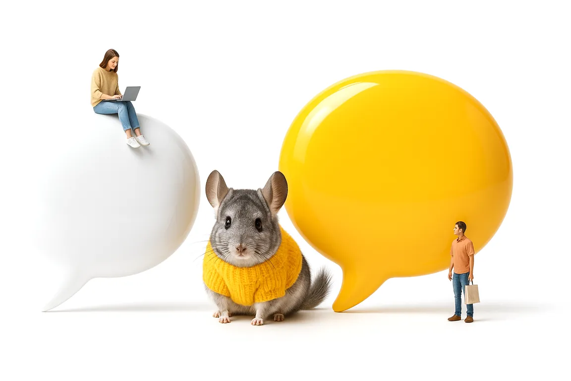 Chinchila de suéter amarelo, mascote do Pechincha.ai, entre dois balões de conversa gigantes