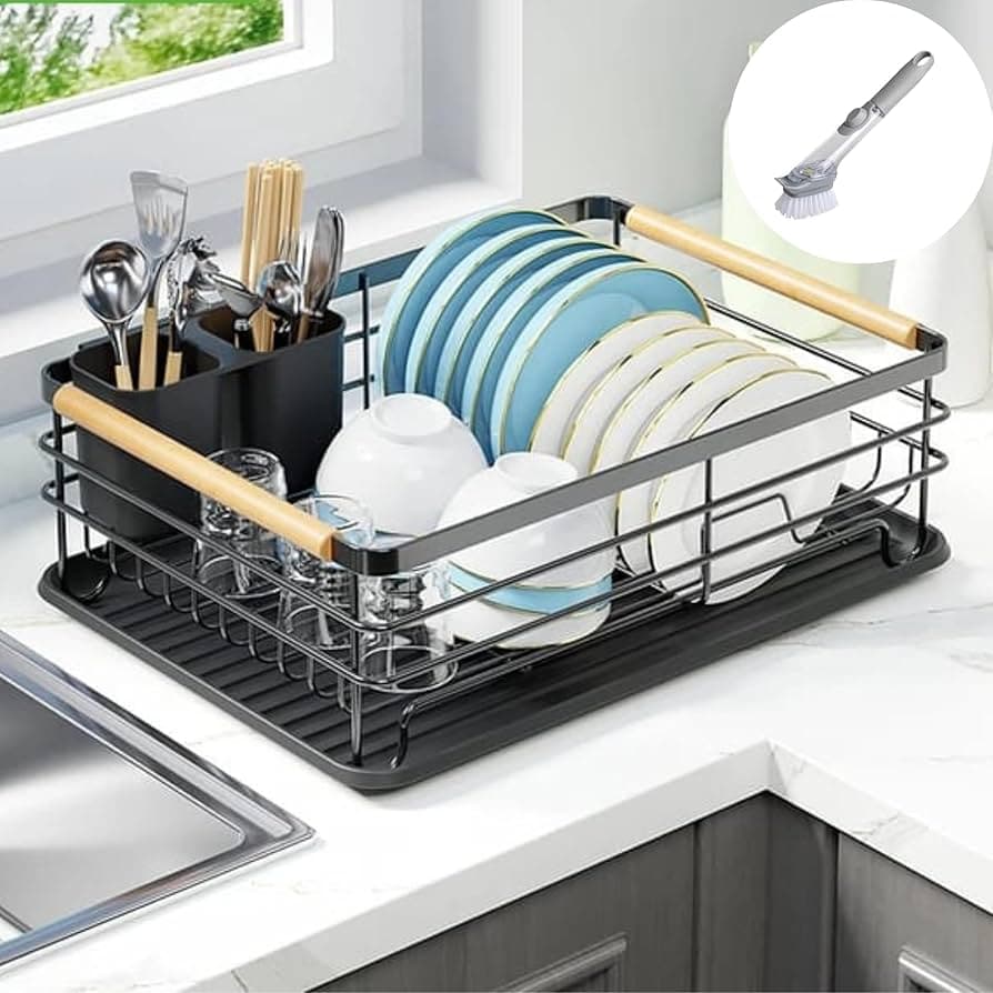 Escorredor de Louça Pratos Com Bandeja Removível e Escova Limpeza (PRETO)