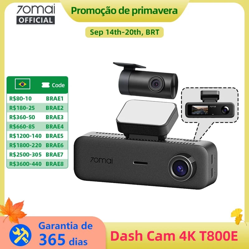 70Mai T800E Câmera Veicular de 3 Canais: Frontal 4K + Traseira 1080P + Interior 1080P HDR, Supercapacitor, Monitoramento de Estacionamento 24H, GPS, Controle por Voz, Wi-Fi6
